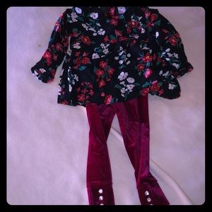 2 piece velvet pant/ flowery long sleeve blouse